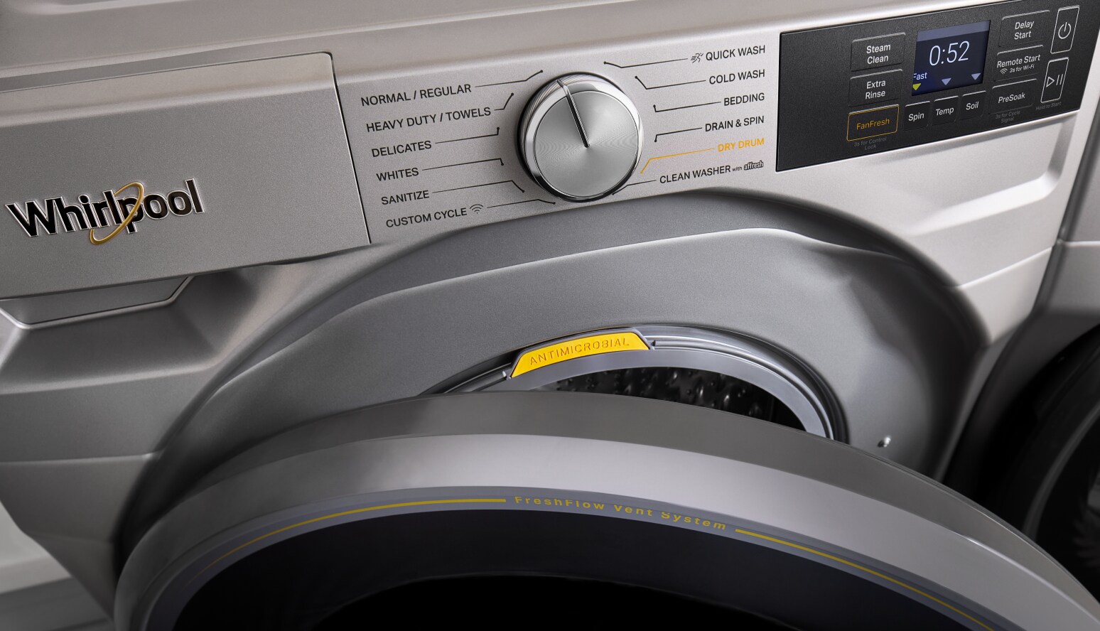 A closeup of a Whirlpool® washer control panel