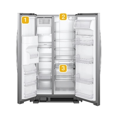 A refrigerator with numbers indicating model number placement