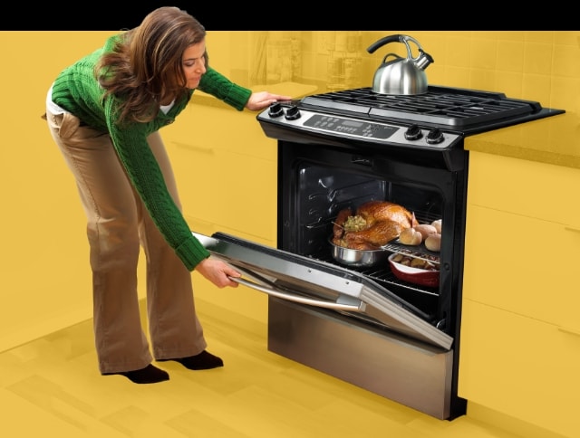 Someone opening an oven with a turkey in it