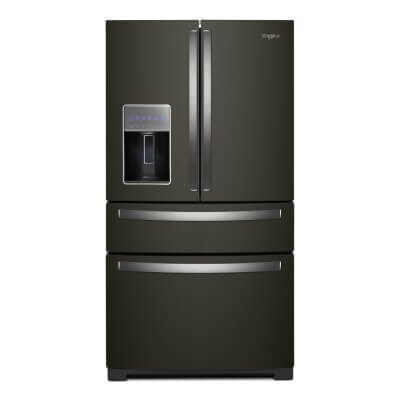 Black stainless steel Whirlpool® 4-Door Refrigerator with Exterior Drawer