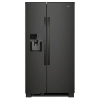 Black stainless Whirlpool® Side-by-Side Refrigerator with exterior ice and water dispenser