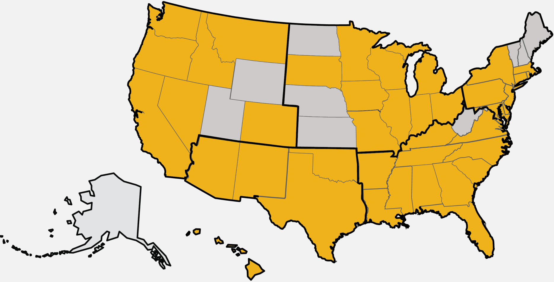 Map of the United States with Northeastern, Southeastern, Midwestern, Southwestern, Western regions and Hawaii highlighted in yellow