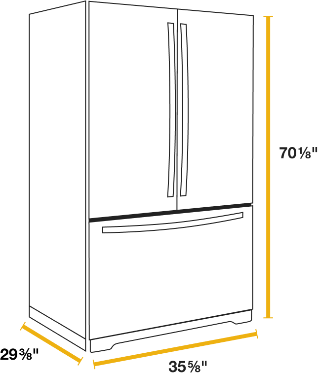 Diagram showing the dimensions of a counter-depth refrigerator