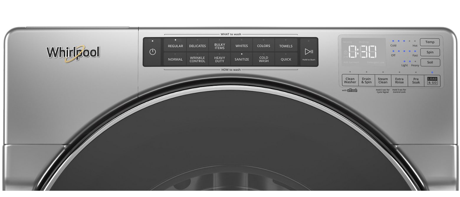 The console of a Whirlpool® washing machine with a sanitize cycle. The console of a Whirlpool® washing machine with a sanitize cycle.