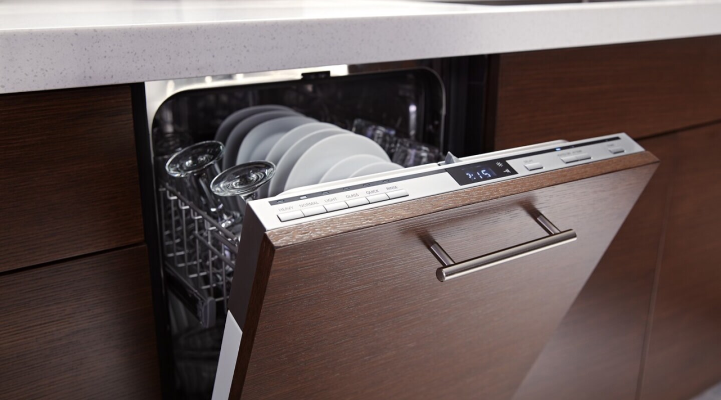 Panel-ready dishwasher filled with dishes