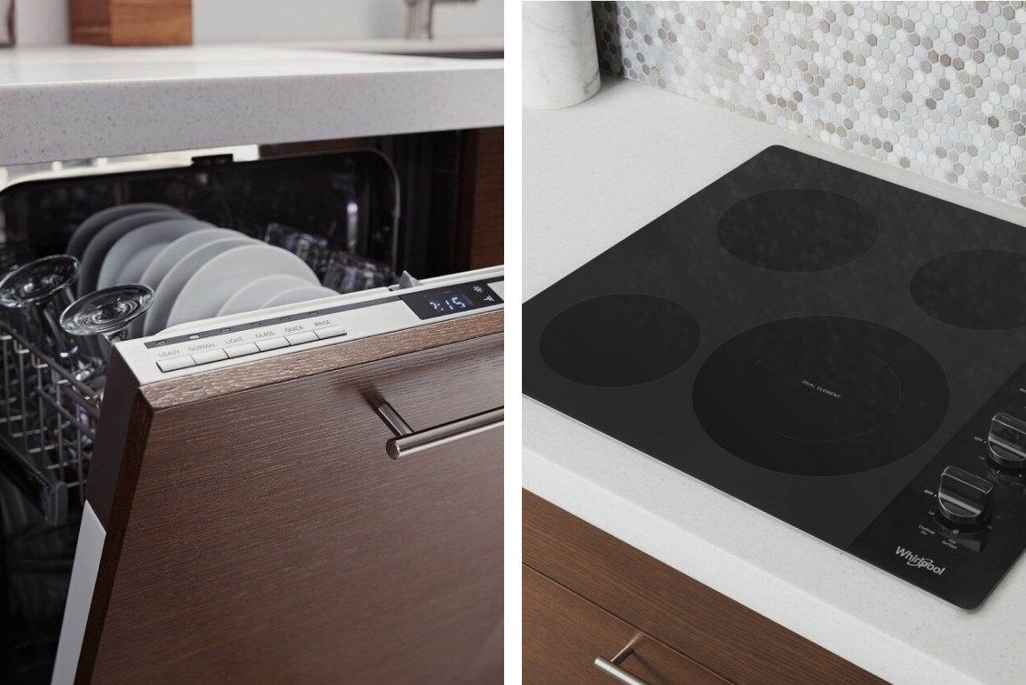 A Whirlpool® small space dishwasher and small space cooktop