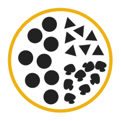 A diagram of a pizza with pepperoni on the left half, cheese in the upper right quadrant and mushrooms in the lower right quadrant