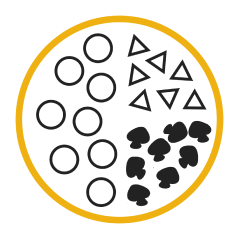 A diagram of a pizza with mushrooms in the lower right quadrant