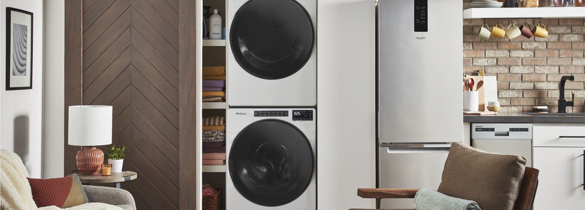 A Whirlpool® Stacked Laundry Center in a closet