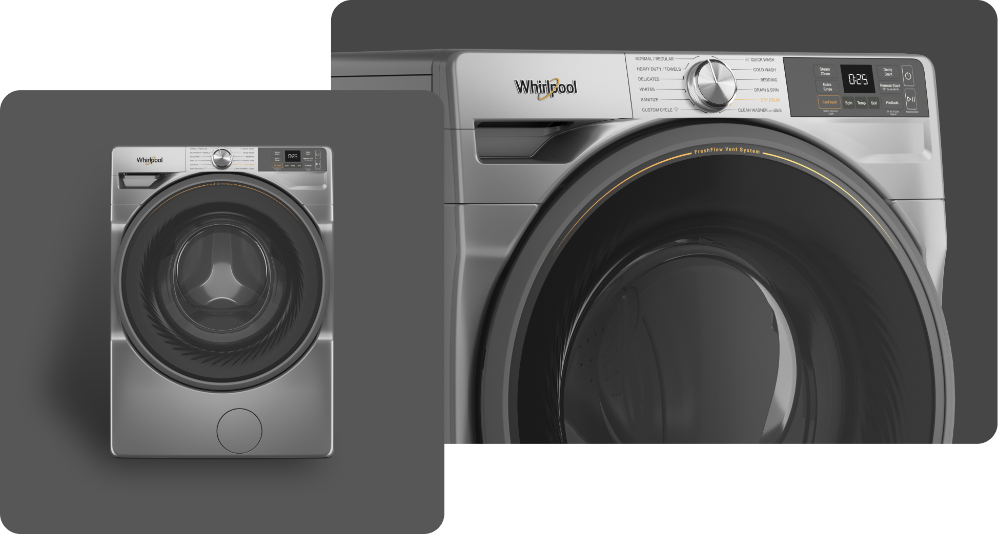 A Whirlpool® Washer with a Radiant Silver Finish