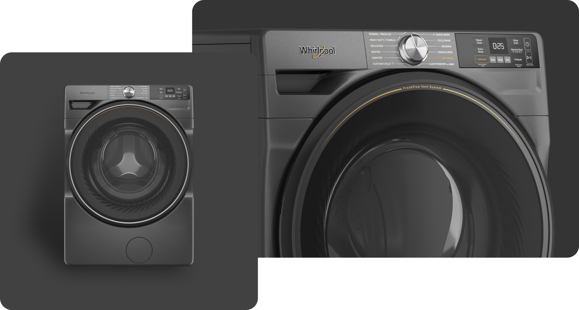 A Whirlpool® Washing Machine with a Volcano Black finish