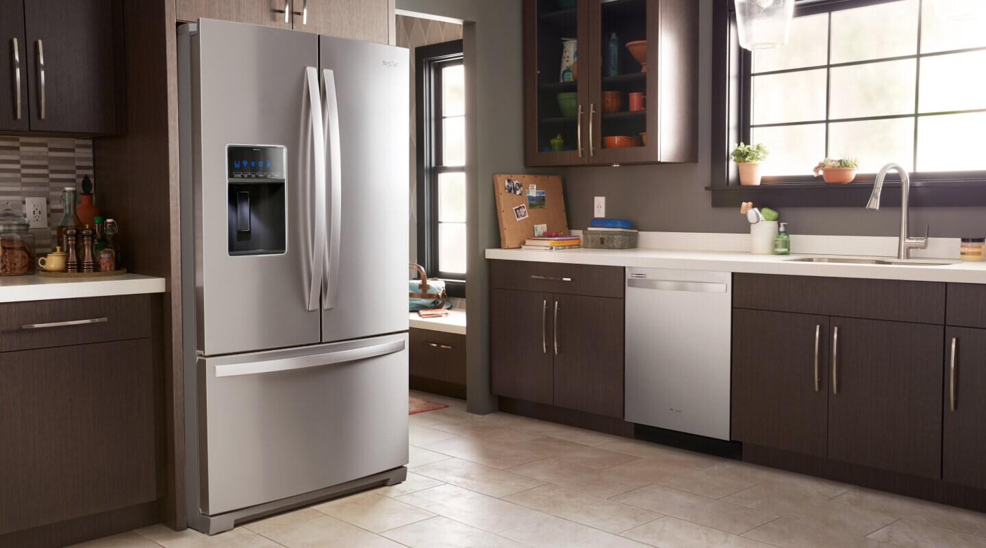 A stainless steel Whirlpool® French Door Refrigerator with Bottom Freezer