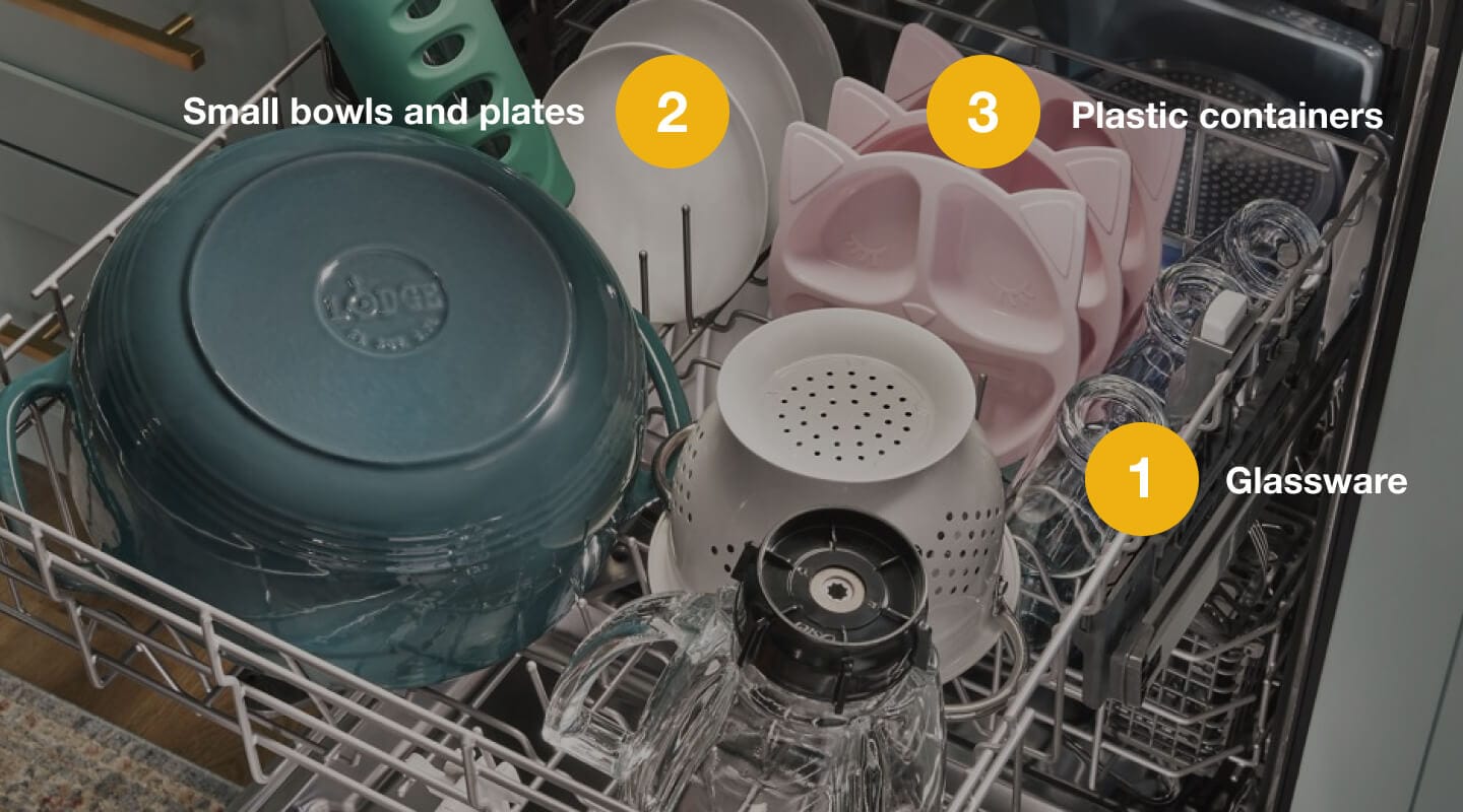 A properly loaded upper rack of a dishwasher A properly loaded upper rack of a dishwasher