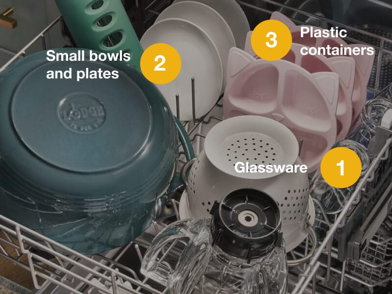 A properly loaded upper rack of a dishwasher A properly loaded upper rack of a dishwasher