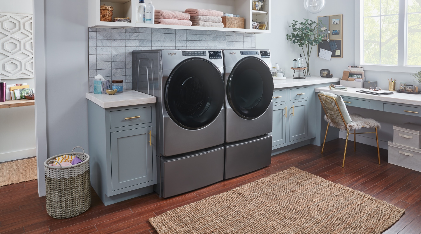 Metallic gray Whirlpool® front load washer and dryer Metallic gray Whirlpool® front load washer and dryer