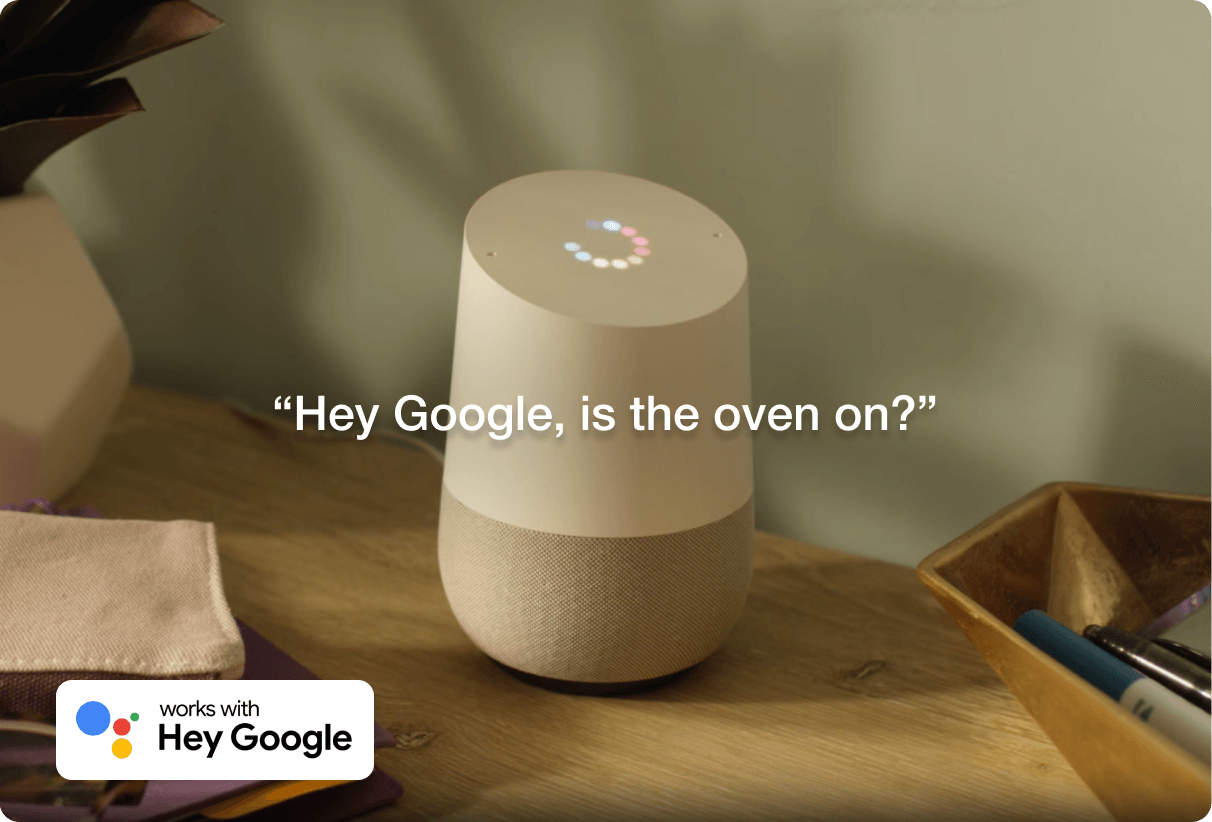 A Google Home checking if the oven is on.