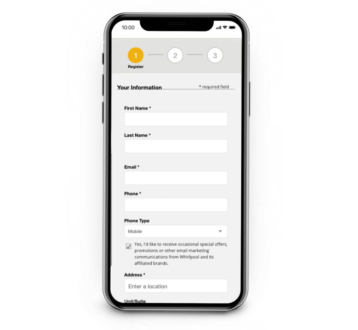 Registration screen on phone