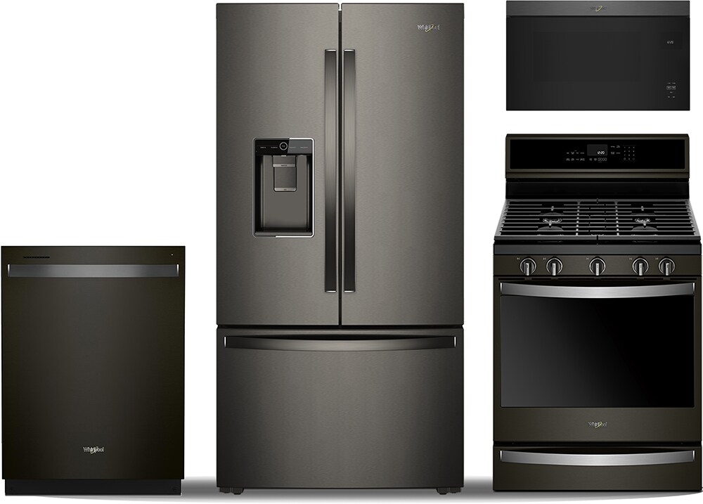 Three Whirlpool appliances: a dishwasher, refrigerator and range with an over-the-range microwave