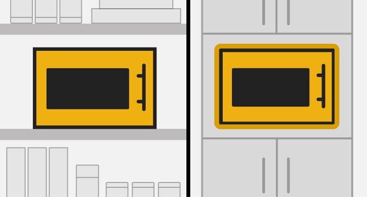 A line drawing showing one microwave on a countertop and another microwave built into cabinets