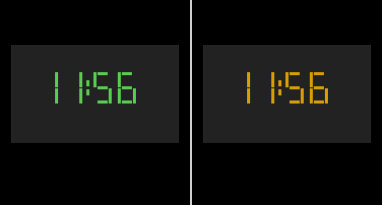 Split screen of a green digital display and an amber digital display