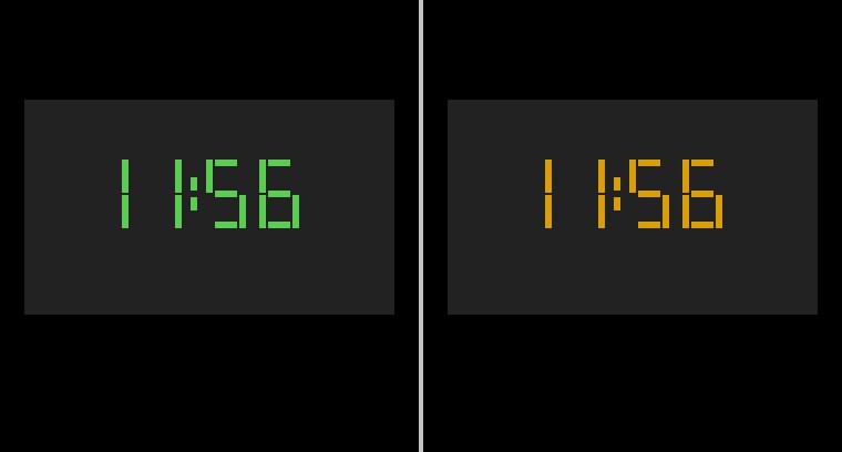 Split screen of a green digital display and an amber digital display