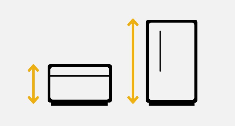 A line drawing of a chest freezer and upright freezer with double-sided arrows showing the height