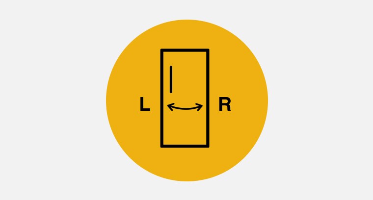 Icon of a upright freezer with a double sided arrow on the door pointing to the right and left