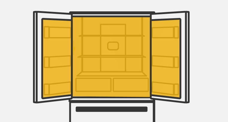 A line drawing of an open French door refrigerator with the capacity of the refrigerator space highlighted.