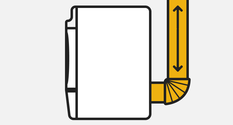 Line drawing of a dryer with a highlighted vent extending upward from the back and a two-sided vertical arrow
