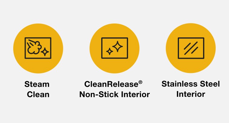Steam Clean icon, CleanRelease® Non-Stick Interior icon and Stainless Steel Interior icon