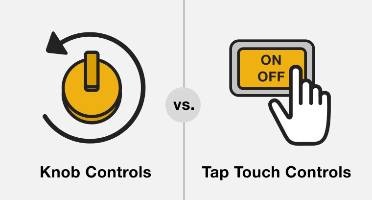 A line drawing of a knob control compared to a tap-touch control with a hand using the on/off button.  
