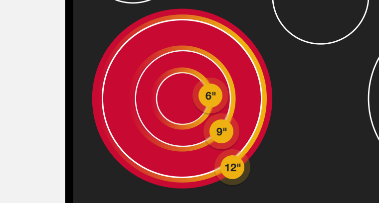 A line drawing of an electric cooktop element, with different rings indicating the three element sizes. 