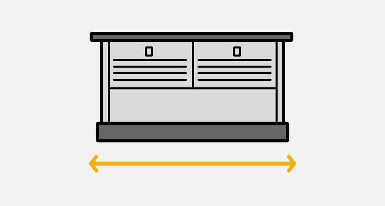 Line drawing of a downdraft hood with a double-sided arrow showing the width