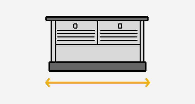 Line drawing of a downdraft hood with a double-sided arrow showing the width
