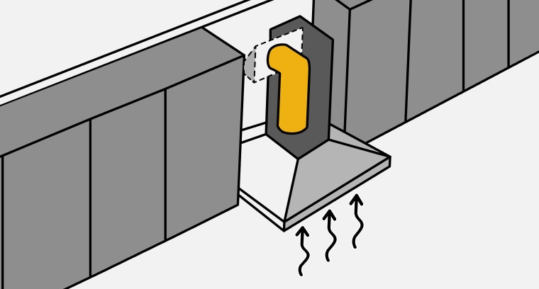 Line drawing of steam lines rising up into a vent hood and through external ducting