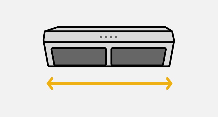 Line drawing of an undercabinet hood with a double-sided arrow showing the width