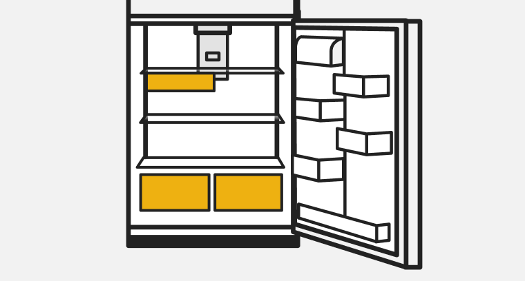A line drawing of an open top mount refrigerator with the drawers highlighted.