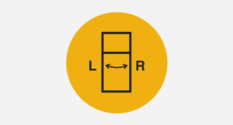 Icon of a top mount refrigerator with a double sided arrow on the door pointing to the right and left. 
