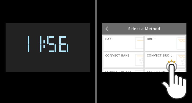 Two drawing of a wall oven display with one screen showing a time of 11:56 and the other showing a hand selecting a cooking method.