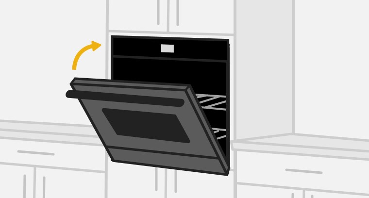 A line drawing of a single wall oven with the door open, and an arrow depicting the self-close door. 