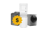 A Whirlpool® Washer, Stacked Laundry Center, and Dryer with a dollar sign graphic