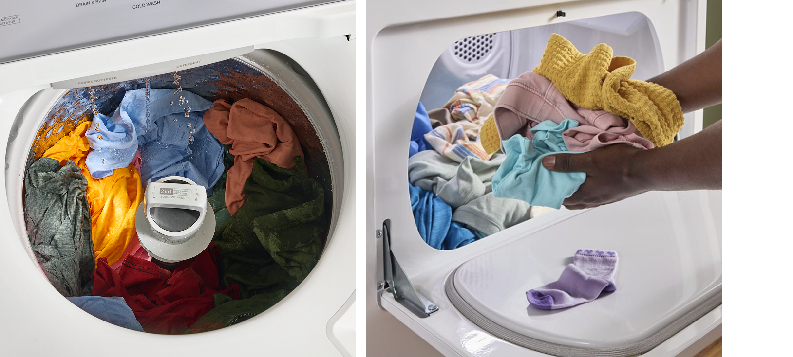 Side-by-side images of a Whirlpool® Washer and a Whirlpool® Dryer in use