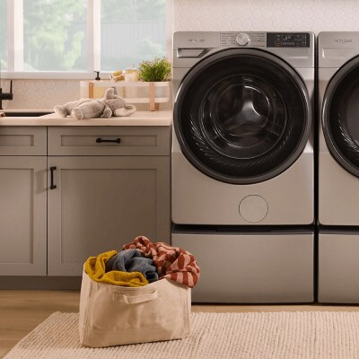 A front load washer with a laundry basket in front of it