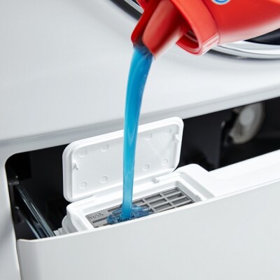 Detergent being poured into a washer dispenser