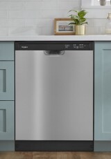 Front control dishwasher built into teal cabinets