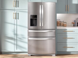 A Whirlpool® Refrigerator surrounded by light blue cabinetry