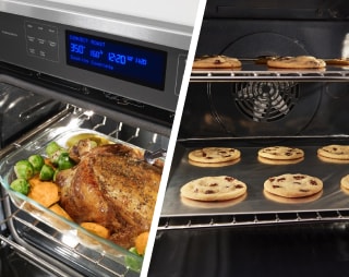 A shot of a chicken in an oven next to an image of cookies baking in an oven