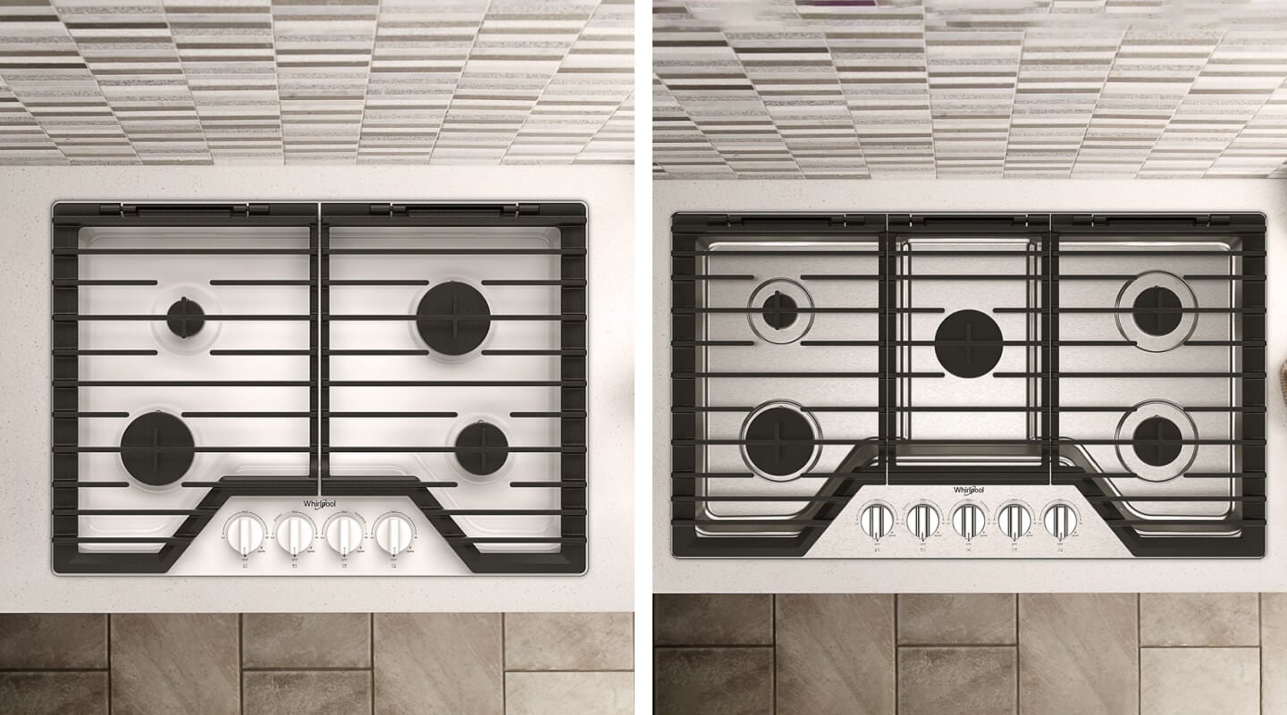 Side-by-side comparison of 30-inch and 36-inch gas cooktops Side-by-side comparison of 30-inch and 36-inch gas cooktops