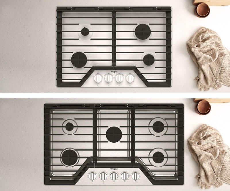 Side-by-side comparison of 30-inch and 36-inch gas cooktops Side-by-side comparison of 30-inch and 36-inch gas cooktops