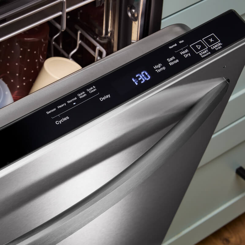 Open dishwasher with top controls displaying cycle time